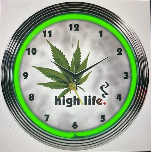 High Life custom neon clock with green glow