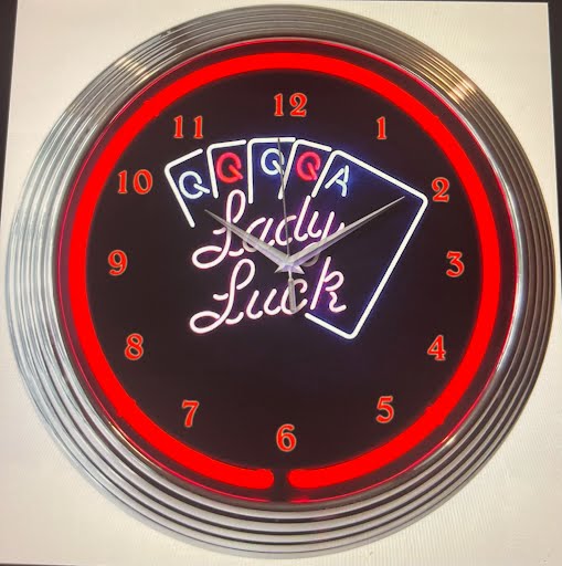 Lady Luck custom neon clock with red glow