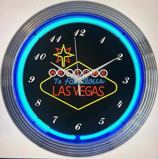 Las Vegas custom neon clock with blue glow